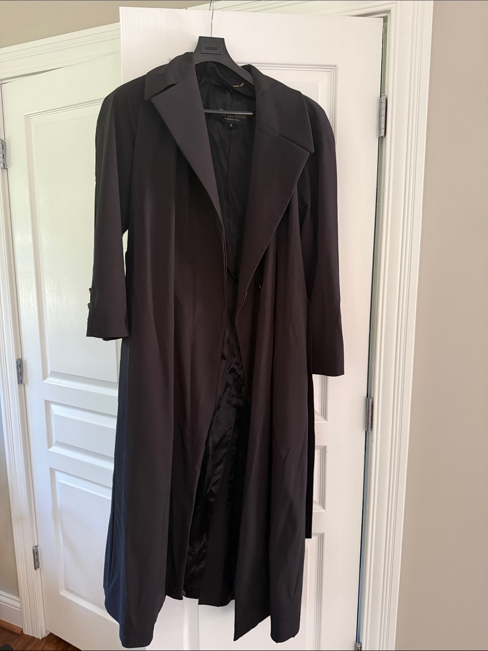 St. John Long Black Trench Coat with Draped Lapel